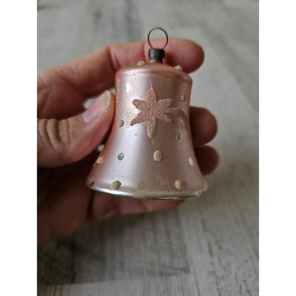 Vintage glass flocked bell beaded ornament mini Xmas pink tree - Picture 4 of 9